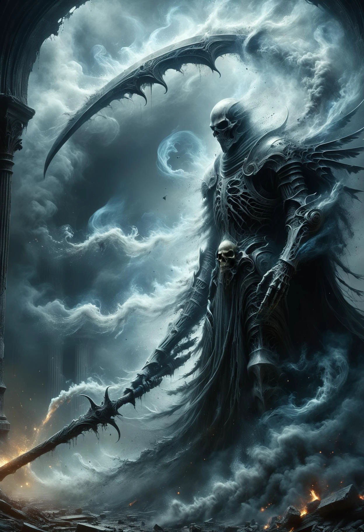 DonM5cy7h3XL scythe,wings,inertia,supramolecular chemistry,pollution,shrouded in swirling mists of toxic gas,advances relentlessly through a war-torn cityscape,its heavy footfalls echoing ominously against the crumbling ruins of civilization,
anime,<lora:DonM5cy7h3XL-v1.1-000006:0.6>,<lora:DonMDr4g0nXL-v2rb:0.65>,<lora:Soul_Knight_SDXL_-_By_HailoKnight:0.45>,soul knight,<lora:ral-dissolve:0.5>,ral-dissolve,