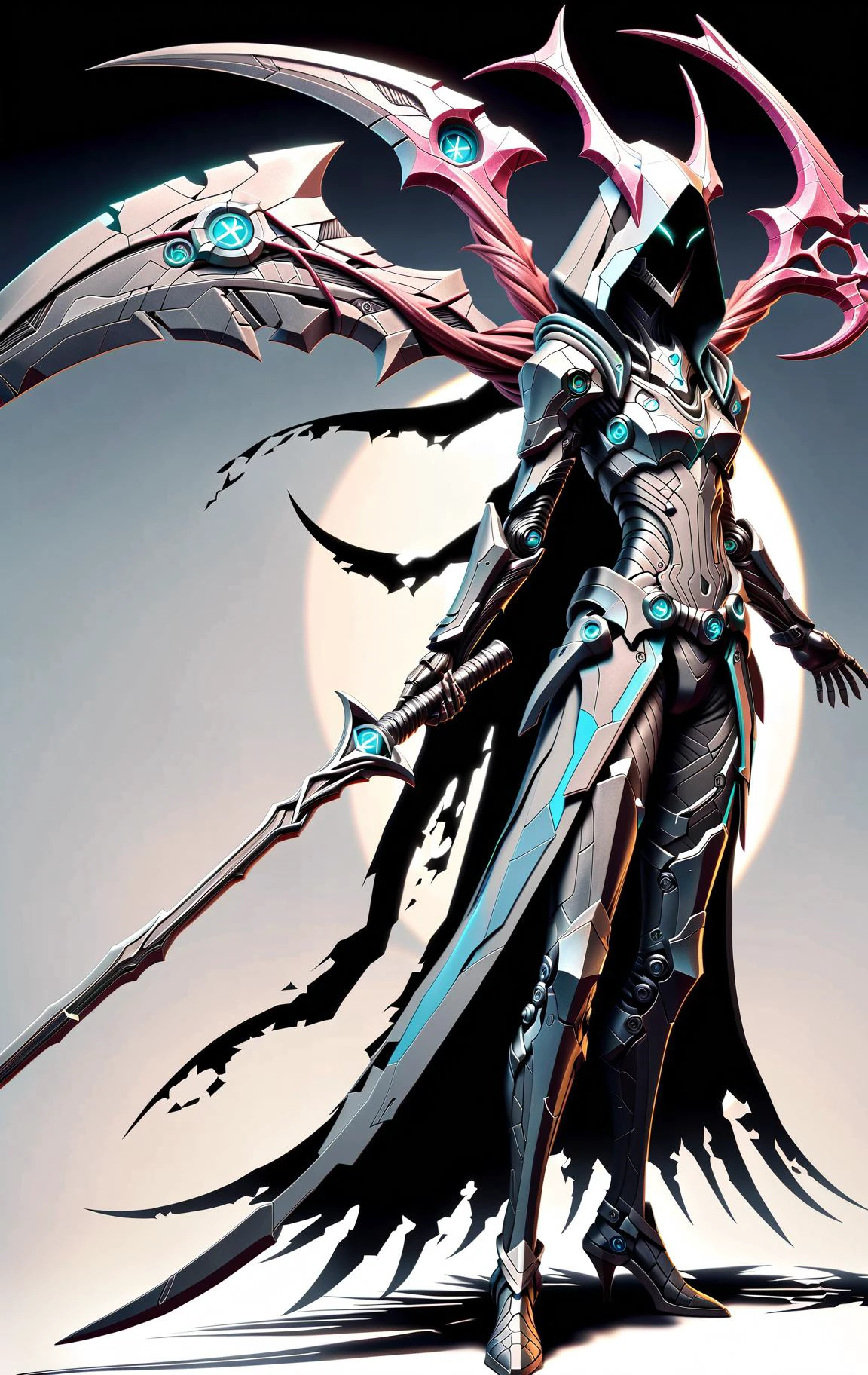 DonMG30T00nXL female technomancer,holding a DonM5cy7h3XL scythe, simple background <lora:DonM5cy7h3XL-v1.1-000006:0.7> <lora:DonMG30T00nXL:0.8>
