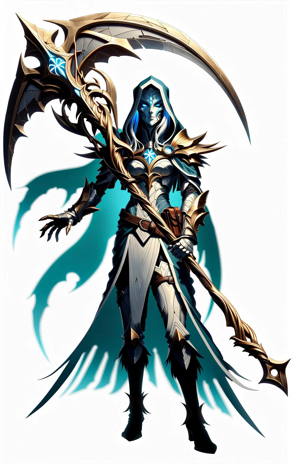 DonMG30T00nXL female cleric,holding a DonM5cy7h3XL scythe, simple background <lora:DonM5cy7h3XL-v1.1-000006:0.7> <lora:DonMG30T00nXL:0.8>