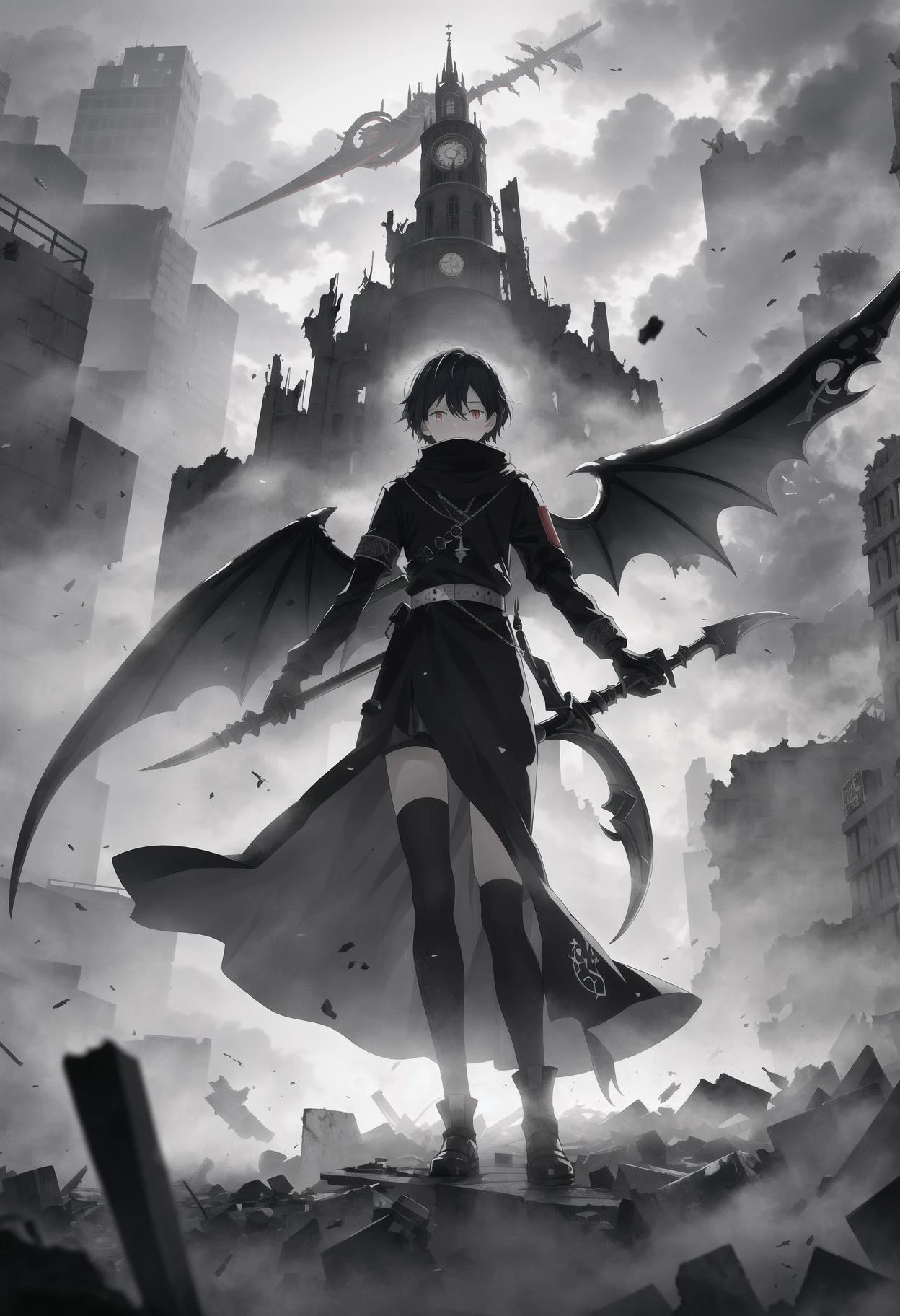 DonM5cy7h3XL scythe,wings,inertia,supramolecular chemistry,pollution,shrouded in swirling mists of toxic gas,advances relentlessly through a war-torn cityscape,its heavy footfalls echoing ominously against the crumbling ruins of civilization,<lora:DonM5cy7h3XL-v1.1-000006:0.5>,<lora:DonMDr4g0nXL-v2rb:0.5>,<lora:Soul_Knight_SDXL_-_By_HailoKnight:0.45>,soul knight,<lora:ral-dissolve:0.6>,ral-dissolve,