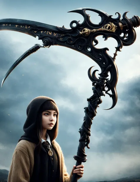 woman holding a DonM5cy7h3 scythe, single blade,<lora:DonM5cy7h3-000006:0.8>