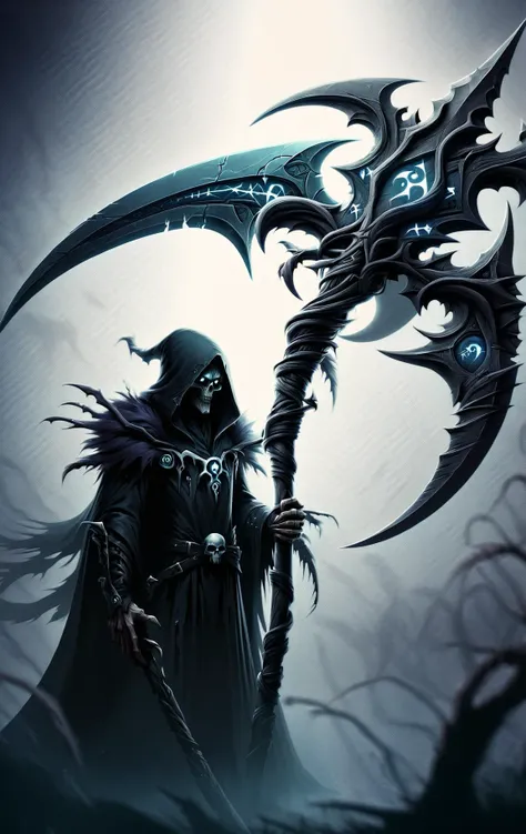 DonMD4rkT00nXL male cryomancer,holding a DonM5cy7h3XL scythe, simple background <lora:DonM5cy7h3XL-v1.1-000006:0.7> <lora:DonMD4rkT00nXL:0.8>