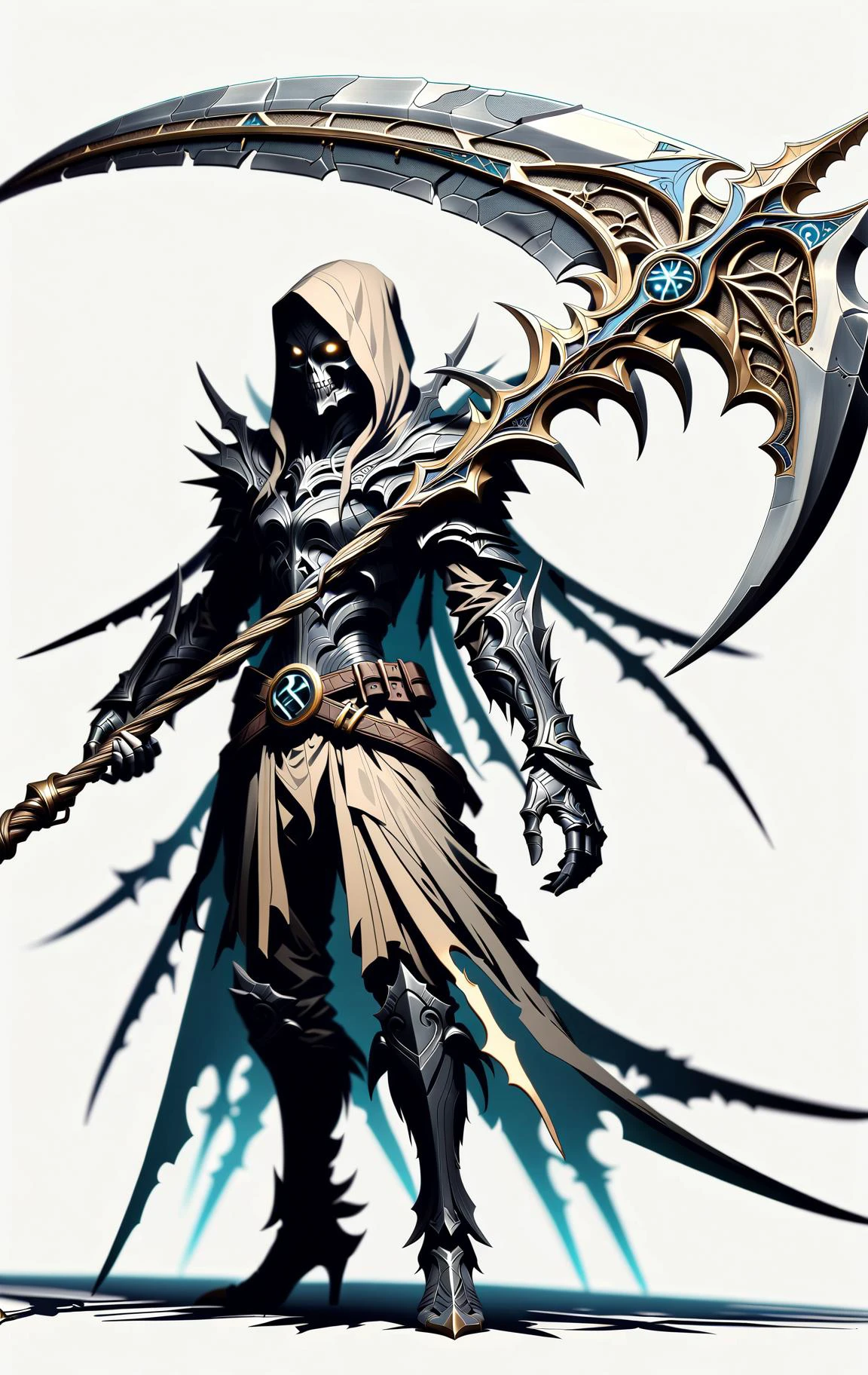 DonMG30T00nXL female spellblade,holding a DonM5cy7h3XL scythe, simple background <lora:DonM5cy7h3XL-v1.1-000006:0.7> <lora:DonMG30T00nXL:0.8>