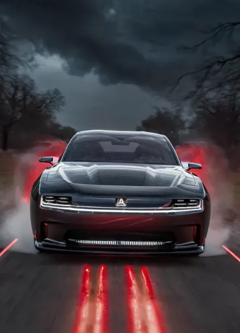 <lora:ChargerConceptSDXL_v1:1> black chargerconcept driving, seen from the front with the lights on, tire smoke, dramatic, red lighting, driver, storm and thunder,
realistic, cinematic, highly detailed,
