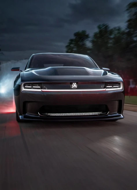 <lora:ChargerConceptSDXL_v1:1> black chargerconcept driving through the night, seen from the front with the lights on, tire smoke, dramatic, red lighting, driver, lightning and storm,
realistic, cinematic, highly detailed,