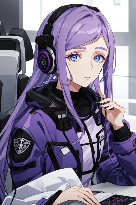 emma, 1girl, solo, long hair, looking at viewer, blue eyes, closed mouth, jacket, purple hair, mole, black shirt, 1 mole under right eye, turtleneck, portrait, earphones, anime coloring <lora:Emma-01:1>