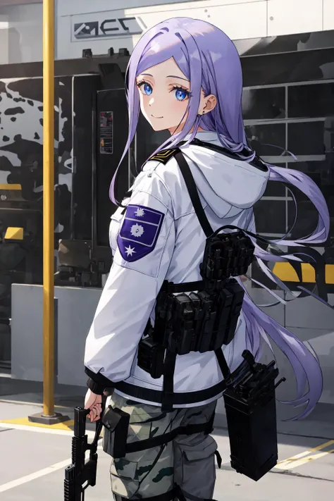 emma, 1girl, solo, long hair, looking at viewer, smile, blue eyes, simple background, long sleeves, white background, very long hair, closed mouth, jacket, weapon, belt, looking back, pants, hood, from behind, uniform, gun, military, military uniform, hood down, hooded jacket, pouch, holster, camouflage, camouflage jacket, camouflage pants, big breasts, violet hair<lora:Emma-01:1>