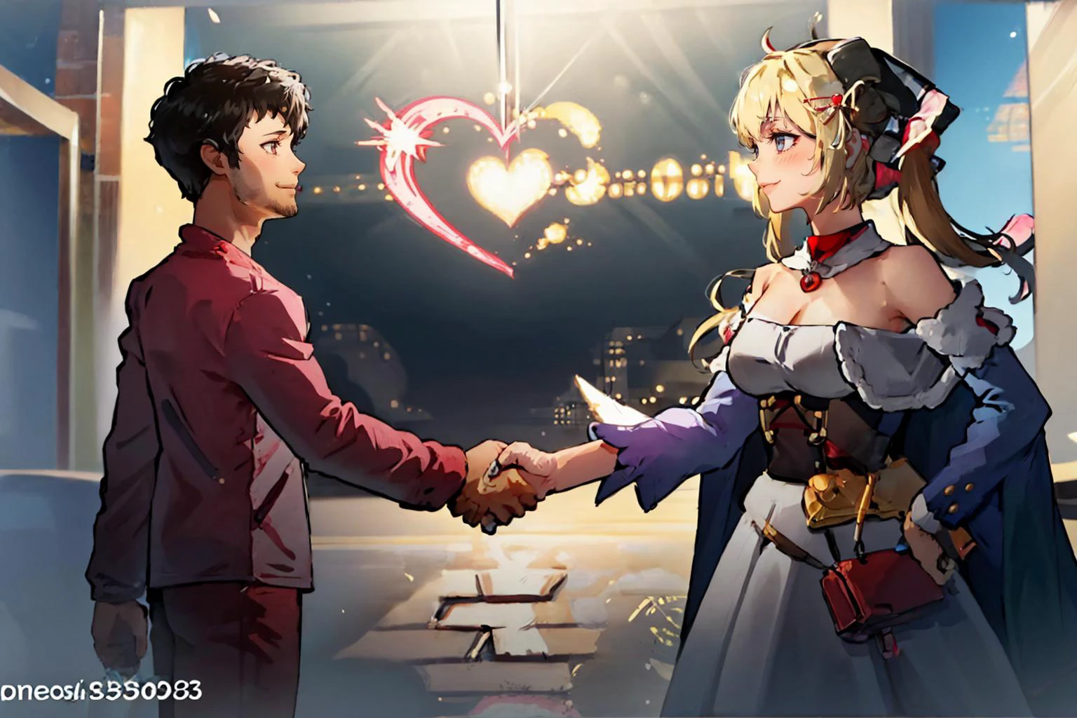 (masterpiece, best quality:1.1), cowboy shot, handshake, 1boy, 1girl, smile, looking at another, <lora:concept_handshake-11:0.8> BREAK
1boy, vincentp3, black hair, afro, stubble, jacket, pink shirt, heart, pants, <lora:zs_Vincent:0.8> BREAK
1girl, tsunomaki watame, long hair, WatameBase, fur-trimmed dress, white dress, bare shoulders, fur-trimmed sleeves, hairclip, cape, belt pouch, brooch, <lora:WatameV4:0.8>