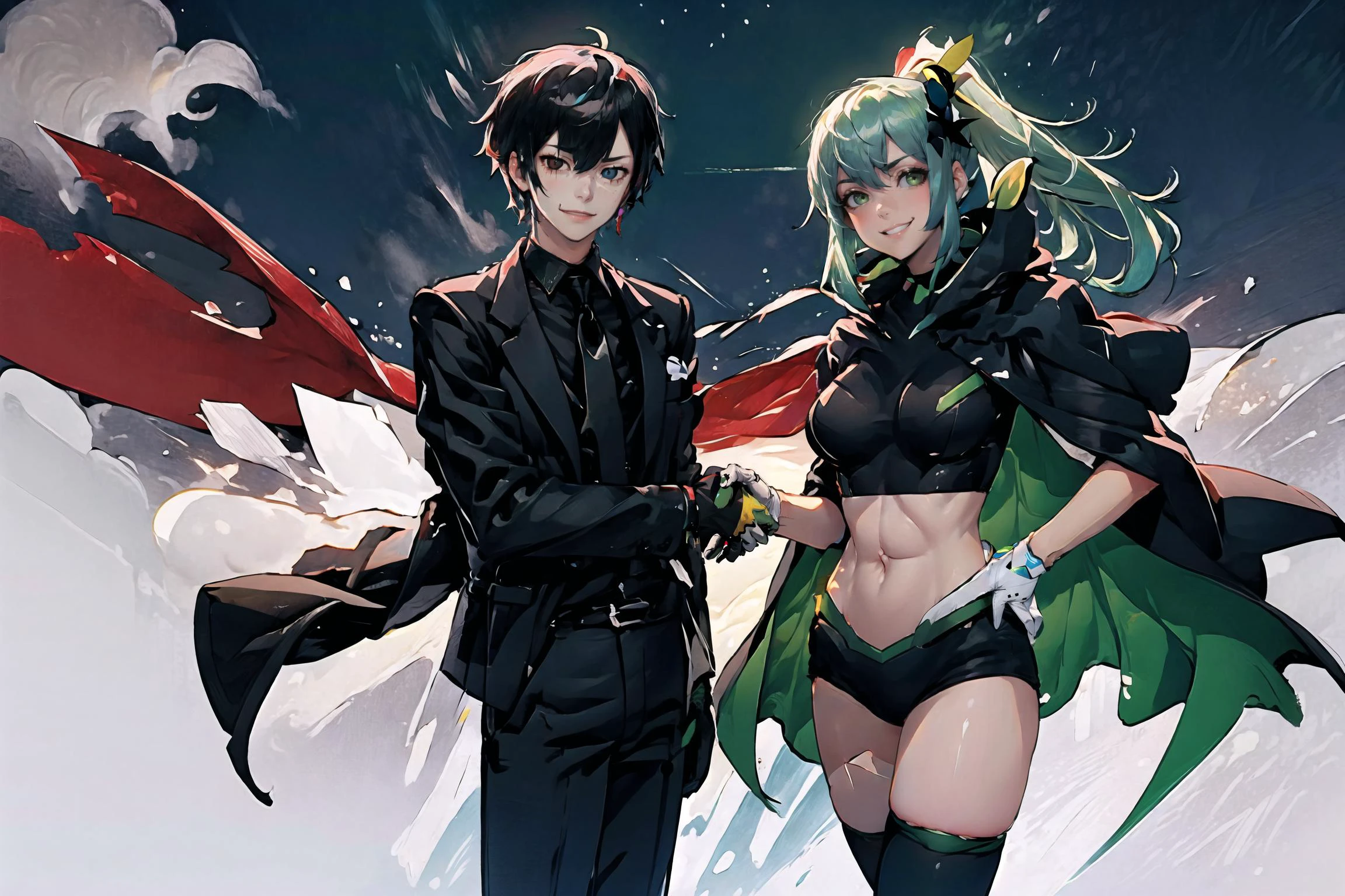 smile, looking at viewer, handshake,<lora:Pos_Handshaking:0.45>
BREAK justtnp, heterochromia, formal, black jacket, black necktie, black pants, <lora:Char_OC_JustTNP:0.6>, 1boy,
BREAK, xbox-chan, ponytail, green hair ribbon, clothing cutout, stomach cutout, cape, thighhighs, gloves, <lora:Char_Meme_Xboxchan:0.75>