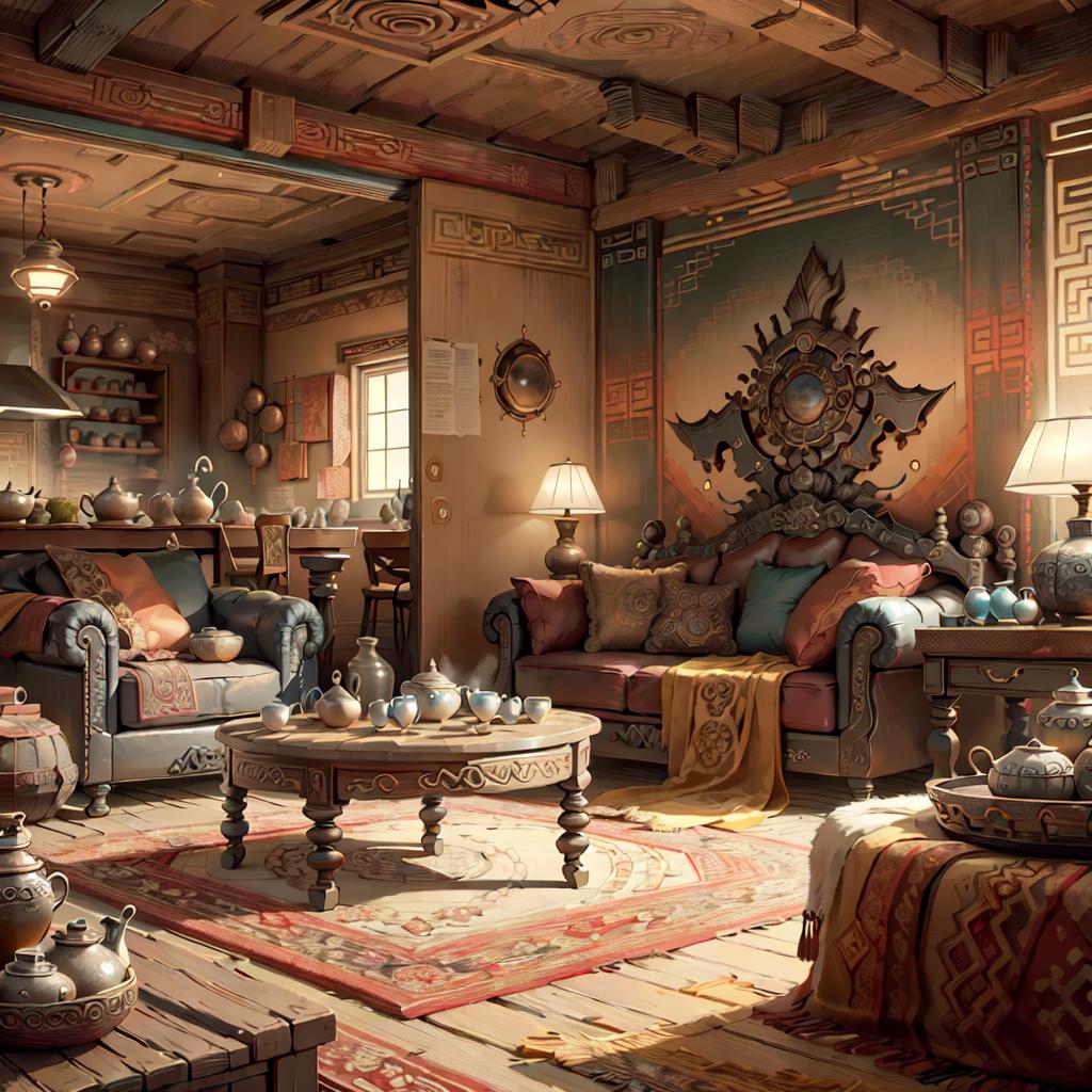 There is a living room with a lot of furniture and a fireplace - SeaArt AI