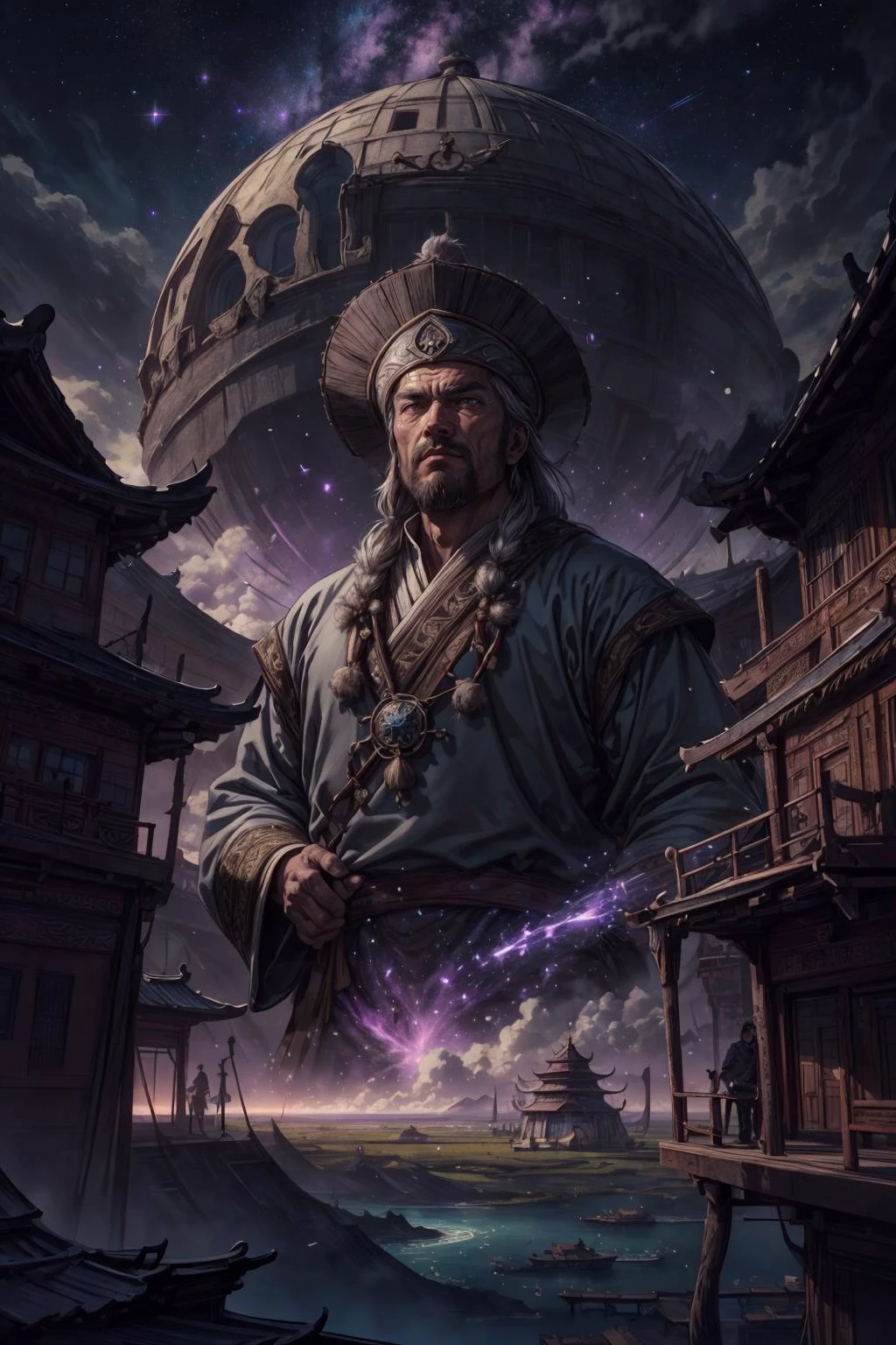 (best quality, masterpiece:1.2), photorealistic, thick outlines, strong shadows, <lora:add_detail:0.75>,
(1man, muscular adult male:1.2), purple eyes, gray hair, scissor cut,
(character focus:1.1), portrait, solo, (full body:0.6), detailed background, detailed face, (<lora:MongolPunkAI:0.6>, MongolPunkAI, mongolian steppe nomad theme:1.1), aristocratic pose, ruling class, elegant clothing, elegant hat, looking up at floating (cloud city:1.1), utopian cloudtop sky-city, floating platforms, floating buildings, dome, balcony, railing, bridges, clouds in background, epic atmosphere, glowing dark purple lights, dark starry night,