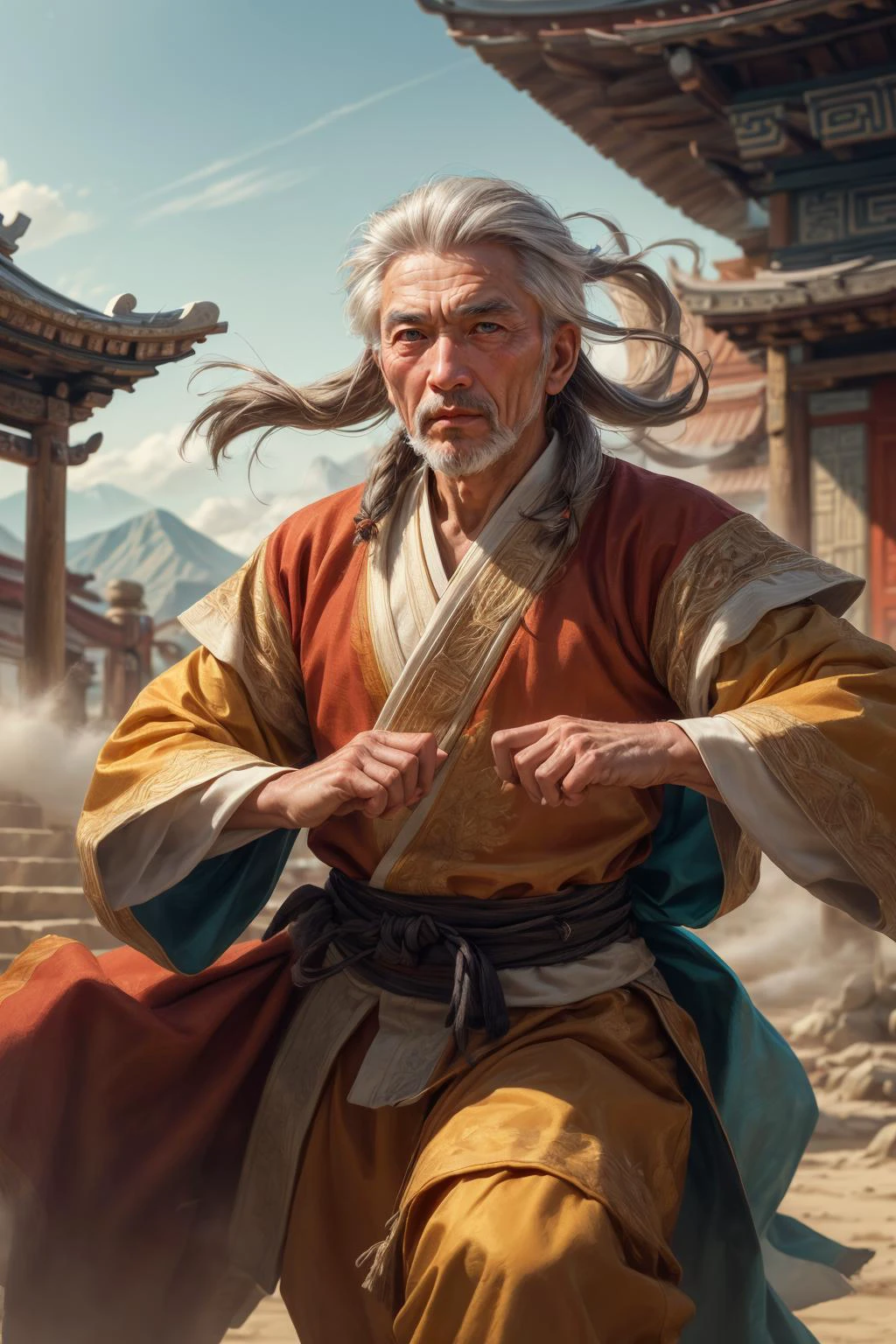 (masterpiece, best quality:1.4), (beautiful, aesthetic, perfect, delicate, intricate:1.2), <lora:more_details:0.75>, <lora:sharpen-soften:-0.25>, <lora:realistic:0.25>,
(1man, old ukrainian male:1.2), wise, turquoise eyes, gray hair, side part,
looking at viewer, solo, half shot, detailed background, detailed face, (<lora:MongolPunkAI:0.6>, MongolPunkAI, mongolian steppe nomad theme:1.1), hair flowing in the wind, martial artist, dynamic pose, fighting stance, clenched fist, hitting, wristwraps, colorful martial arts themed clothes, monk robes, eastern temple stairs in background, dust cloud, depth of field, dynamic composition, mystical eastern medieval atmosphere,