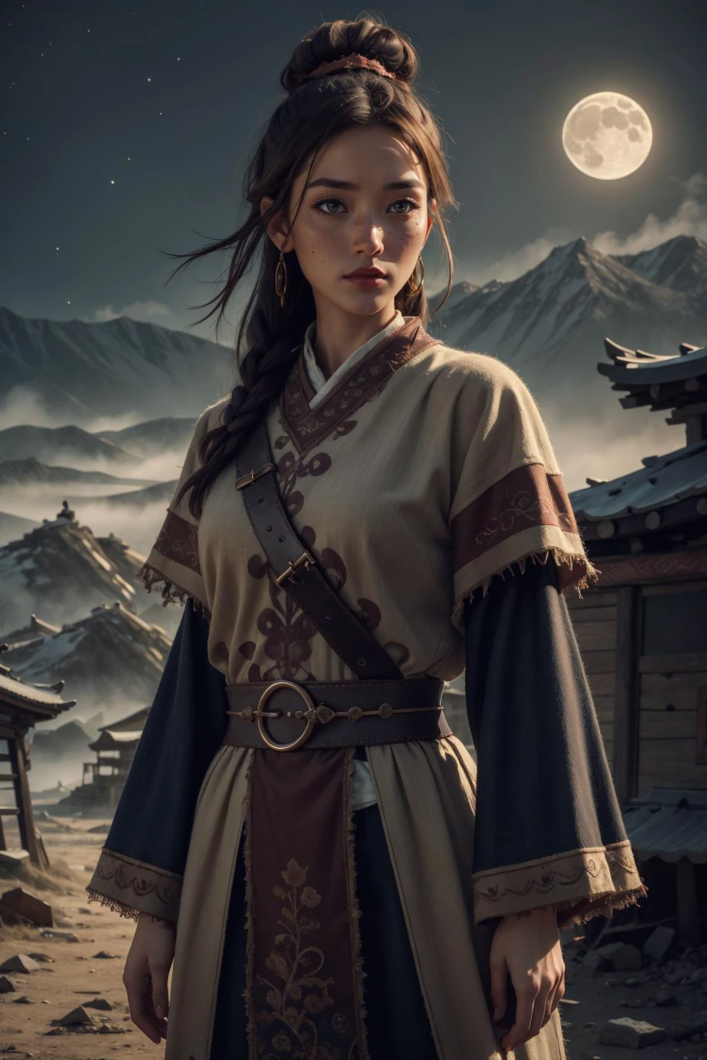 8k uhd, (best quality:1.2), (masterpiece:1.2), very detailed, intricate details, hyper detailed, <lora:realistic:0.3>, <lora:sharpen-soften:-0.25>,
1 girl, adult (elven:0.7) woman, freckles, coral eyes, medium brown bun hair,
solo, (full body:0.6), detailed background, detailed face, (<lora:MongolPunkAI:0.6>, MongolPunkAI, mongolian theme:1.1), explorer, spelunking, dynamic pose, determined, frayed leather clothes, bandana, artifact, holster, (derelict:0.7) mountains background, long forgotten relics, nighttime, moonlit sky,, occult, dark cinematic atmosphere,