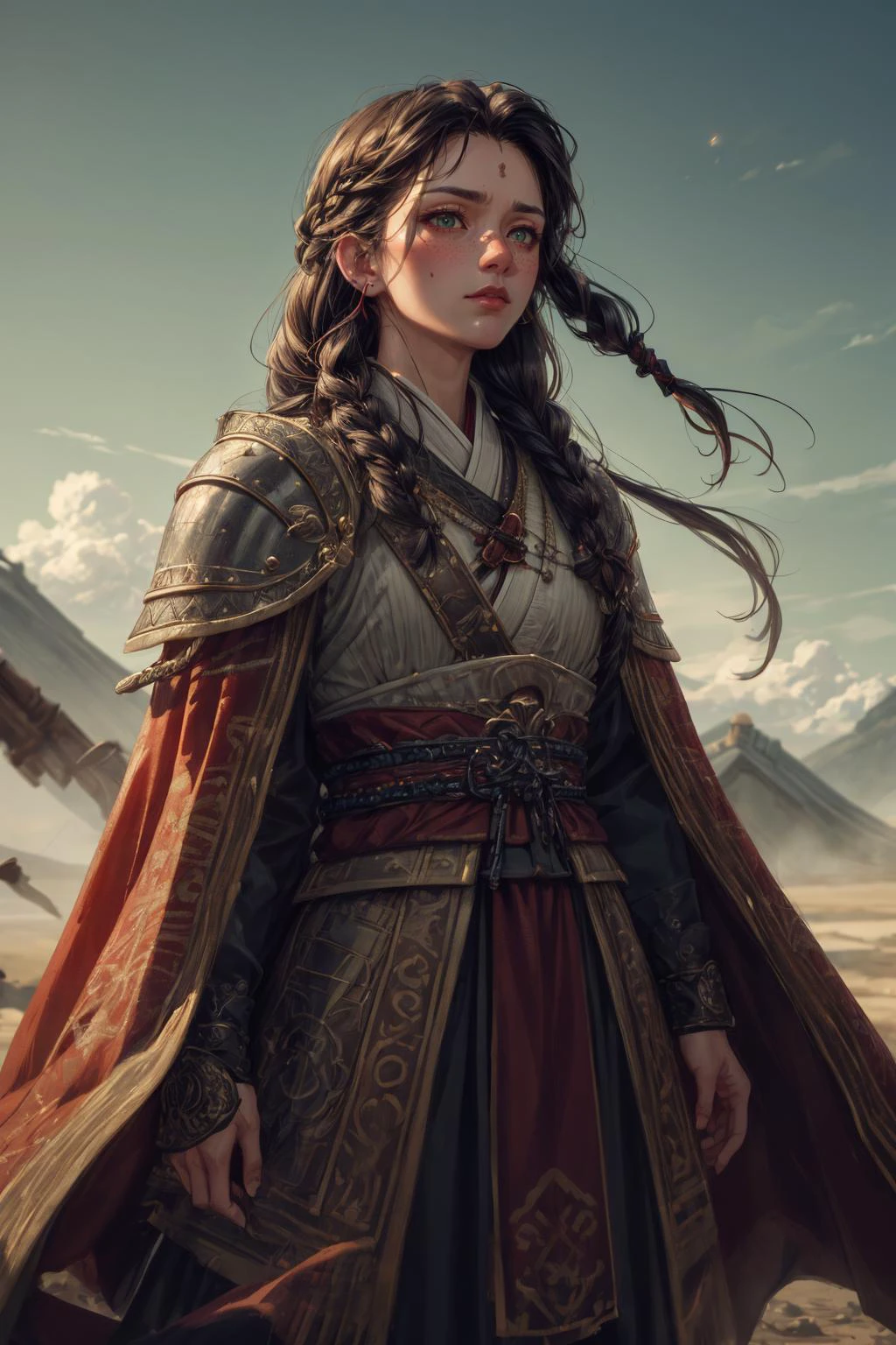 (masterpiece, best quality, ultra-detailed), high contrast, (best illumination, an extremely delicate and beautiful), ((cinematic light)), colorful, hyper detail, dramatic light, intricate details, <lora:more_details:0.75>, <lora:realistic:0.3>, <lora:sharpen-soften:-0.25>,
1 girl, adult (elven:0.7) woman, freckles, green eyes, chestnut braided hairstyle,
portrait, solo, half shot, looking up, detailed background, detailed face, (<lora:MongolPunkAI:0.6>, MongolPunkAI, mongolian theme:1.1), supernatural eyes, calm, witcher, wearing red chainmail witcher armor, rugged, visible scars, billowing cloak straps, trinkets, dynamic pose, witcher senses, ruined castle in background, moonlight, tense action, dust particles, bokeh, dark atmosphere,