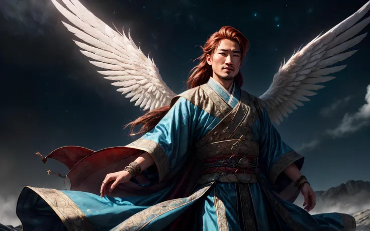 masterpiece, epic, majestic, best quality, very high resolution, 8k, hdr, digital photography, dynamic pose, striking -facele Buryat:1.2) demonologist, pink eyes, (auburn hair, side-swept fringe:1.1), looking at camera with a veiled expression, (Style-GravityMagic:0.7), solo, full body, looking at viewer, detailed background, detailed face, (<lora:MongolPunkAI:0.6>, MongolPunkAI, mongolian theme:1.1), glowing eyes, (angel of stars:1.05), large feathery wings, wearing blue themed clothes, smile, heavenly countenance, raised hand, dynamic pose, glowing holy markings, surrounded by angelic energy, miracle, heavenly gates in background, wind blowing, fantasy atmosphere,, (iridescent:0.7), (transparent:0.8), (translucid:0.8), (reflection:0.6), (refraction:0.3), (diffraction:0.3), (caustics:0.3), volumetric lights, volumetric shadows, (subsurface scatering:0.4), physically based rendering, (intricate details:1.3), hyperdetailed, ultrarealistic, (sharp focus:1.2) <lora:hyperdenoiser_v090:1.8> <lora:add_detail:1.5>
