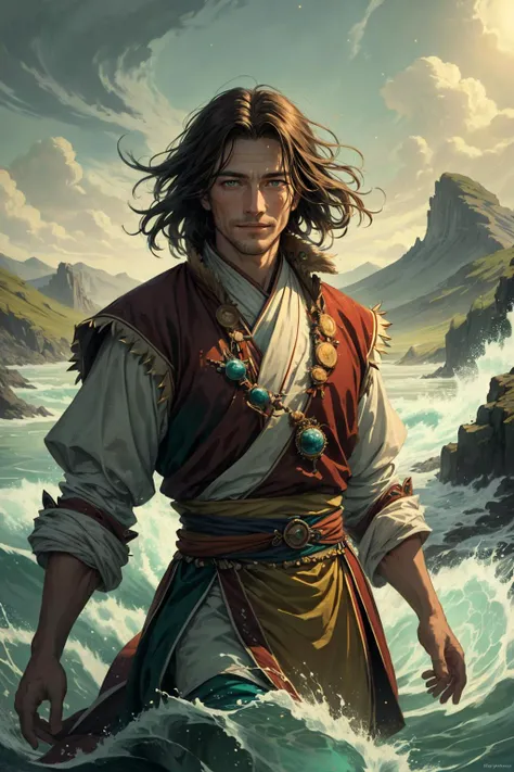 (masterpiece, best quality), stylized digital art, <lora:add_detail_v5:1>
(1man, muscular adult irish male:1.2), green eyes, medium brown hair, spiky hair,
(style-swirlmagic:0.8), portrait, solo, half shot, looking at viewer, detailed background, detailed face, (<lora:MongolPunkAI:0.6>, MongolPunkAI, mongolian steppe nomad theme:1.1), (glowing eyes:1.05), elemental water wizard, swirling water, <lora:waterVFX:0.4> water ball, fantasy hydromancer clothes, dynamic pose, floating particles, smiling, ethereal dynamic, water, vapor, river in background, cliffs, backlighting, ethereal atmosphere,