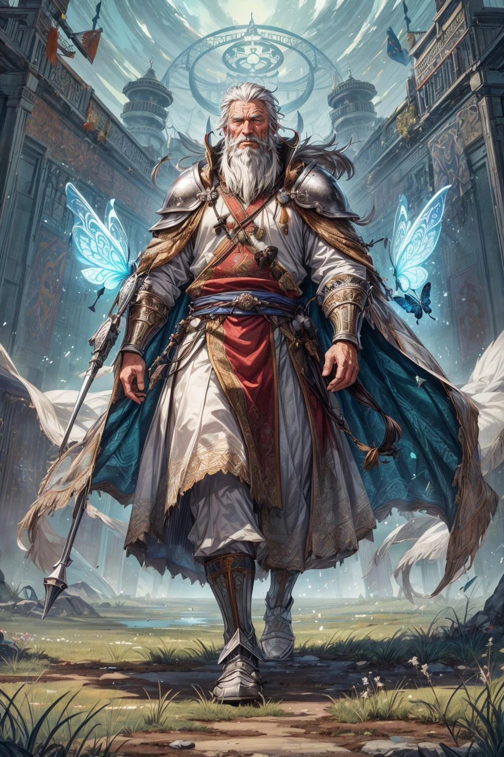 (best quality:1.4), (intricate details:1.2), <lora:add_detail:0.5>
(1man, old male:1.2), wise, light blue eyes, gray hair, thick beard,
Style-GravityMagic, solo, (full body:0.6), looking away, detailed background, detailed face, (<lora:MongolPunkAI:0.6>, MongolPunkAI, mongolian steppe nomad theme:1.1) techno-druid, natural armor, infusion of moss with armor, heavy armor, leaves creeping on armor, walking, tranquil, nature powers, natural markings on skin, green renewal sigils on armor, mystical energy, plant overgrowth,floating particles, abandoned village left to crumble in background, butterflies, magical haze, sidelighting, magical atmosphere,