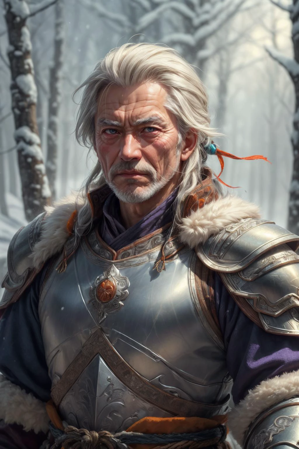 (masterpiece, best quality:1.4), (beautiful, aesthetic, perfect, delicate, intricate:1.2), <lora:more_details:0.75>, <lora:sharpen-soften:-0.25>, <lora:realistic:0.25>,
(1man, wrinkled face, old hungarian male:1.2), frail, purple eyes, graying hair, layer cut,
portrait, solo, upper body, detailed background, detailed face, (<lora:MongolPunkAI:0.6>, MongolPunkAI, mongolian theme:1.1), orange winter warrior, stoic expression, dynamic pose, magical armor, surrounded by magical glow, ice crystals, arctic winter, snowy background, snowy forest in background cinematic atmosphere,