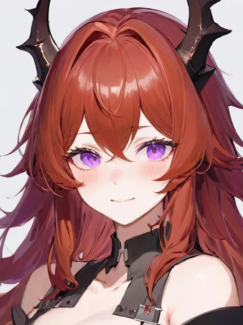 (Face close-up,)ultra-detailed,(best quality),((masterpiece)),(highres),original,extremely,<lora:42x_xl:1>,Surtr \(arknights\),solo,red hair,long hair,purple eyes,horns,looking at viewer,detached collar,bare shoulders,parted lips,portrait,bangs,smile,hair between eyes,white background,simple background,upper body,grey background,