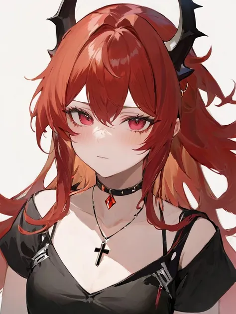 ultra-detailed,(best quality),((masterpiece)),(highres),original,extremely,<lora:42x_xl:1>,1girl,surtr (arknights),solo,horns,long hair,red hair,upper body,shirt,simple background,white background,jewelry,necklace,black shirt,looking at viewer,cross necklace,official alternate costume,cross,ponytail,short sleeves,cropped torso,hair between eyes,choker,bangs,black choker,closed mouth,very long hair,