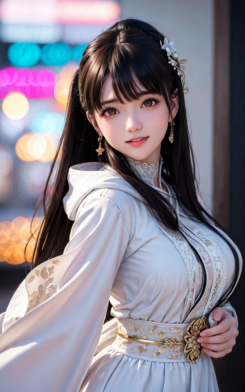 // Pose
Show from the hips to the shoulders,
When viewed from the front, the composition is symmetrical,
standing,
// Style
breasts, black shirt, beautiful detailed skin, (cute:1.2), (black hair), ((jpop idol)), (depth of field),soft light, Lens Glow,
// Features
looking at viewer,
gyaru,
(Drooping eyes:1.2),
straight teeth,smile,
floating hair, (brown hair:1.2),
brown eyes,
(narrow eyes:1.2),
// Character
movie scene, cinematic, full colors, 4k, 8k, 16k, RAW photo, masterpiece, professionally color graded, professional photography,
high school girl, hair up, consider,(blush,open mouth)1.3,soft clean focus, realistic lighting and shading, (an extremely delicate and beautiful art)1.3, elegant,active angle,dynamism pose,
// Quality
RAW photo, portrait, best quality, high res,
(1girl:1.3), (black hair:1.3), perfect hand, realistic face body, clear sky,
// Features
Japanese style costume girl,
// Background
(super detailed background, detail background: 1.3), bokeh, depth of field,
night view, building, rooftop of a skyscraper,
// Fashion
BREAK
(wearing a hooded jacket),
// RoLA
<lora:BlurryLight_v1:0.5>