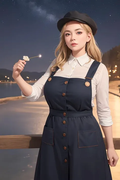 (masterpiece, best quality), female elderly, plump, scandinavian, black eyes,  button nose, unique chin, v-shaped jaw,  receding forehead,  athletic build,  , rose gold milkmaid braid hair, excitement wearing pinafore dress, babydoll, loafers, fascinator,, wearing a hat, wearing a hat with a seductive look, adding a touch of mystery and allure, starry sky, a dark background with twinkling stars, setting a magical and romantic tone, a peaceful lakeside retreat, with serene waters and people enjoying recreational activities