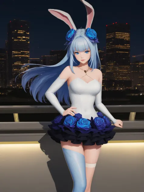 ZRYgongsunliHJW,1girl,solo,flower,hair flower,long hair,blue eyes,rabbit ears,looking at viewer,blue hair,single thighhigh,dress,detached sleeves,asymmetrical legwear,bangs,<lora:WZRYgongsunliHJW:0.75>,cityscape,night,hand on hip,cowboy shot,mature female,clothing cutout,