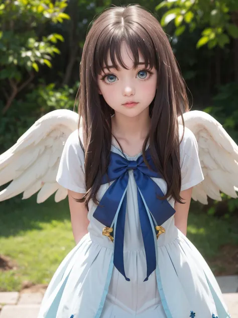 upper body,filo,1girl,solo,embarrassed,closed mouth,white wings,hite dress,blue bow,long hair,blue eyes,looking at viewer,parted bangs,bent over,arms behind back,<lora:[è§è²]-[è²æ´-ç¾ä¹åè]filo2-05:0.9>,