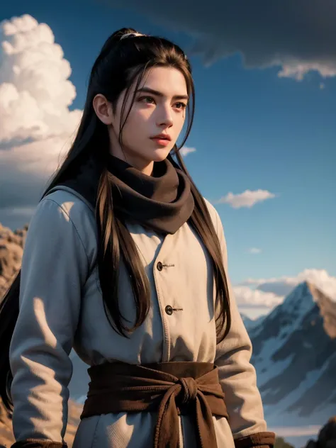 a man with long hair and a scarf on her neck,standing in front of a mountain and cloudy sky,(1girl:0.992),(brown eyes:0.947),(brown hair:0.737),(fingerless gloves:0.694),(gloves:0.597),(lips:0.812),(long hair:0.817),(nose:0.515),(outdoors:0.551),(realistic:0.622),(sky:0.703),(solo:0.946),(upper body:0.807) ,<lora:[è§è²]-[é©ç«-å¡äººä¿®ä»ä¼ ]aki-000006:0.5>,