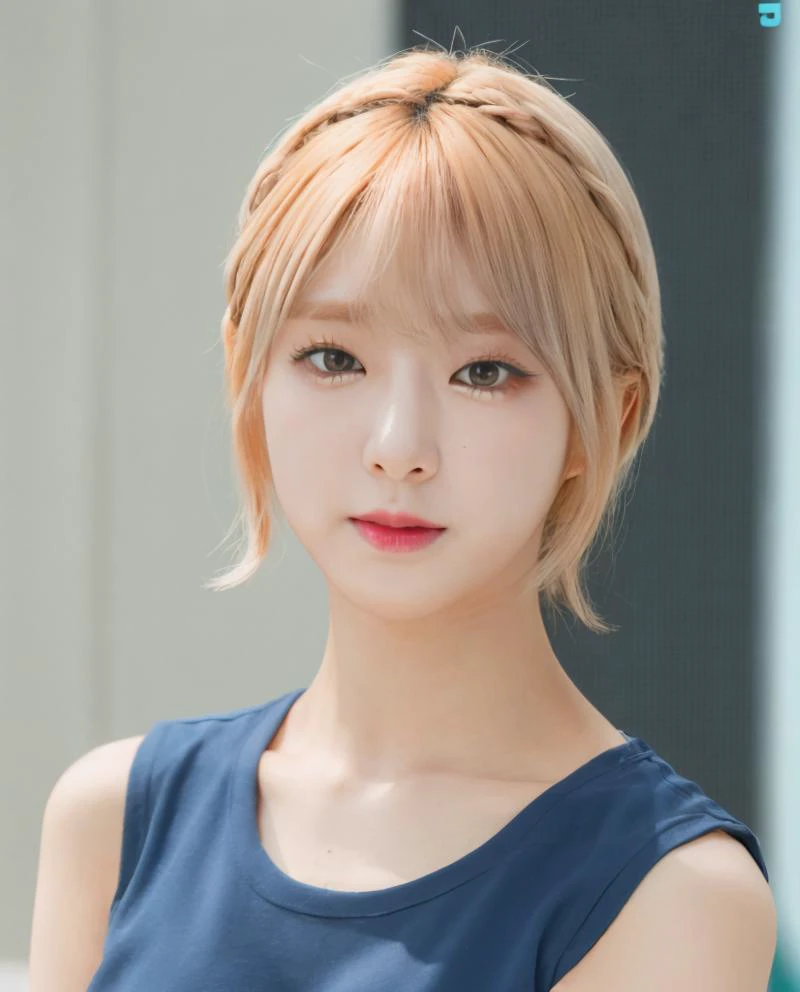 a photography of choa,blonde, realistic, photorealistic, detailed skin, surface scattering, bokeh, skin pores,  <lora:choa:1> wearing a cheerleader outfit,korean idol