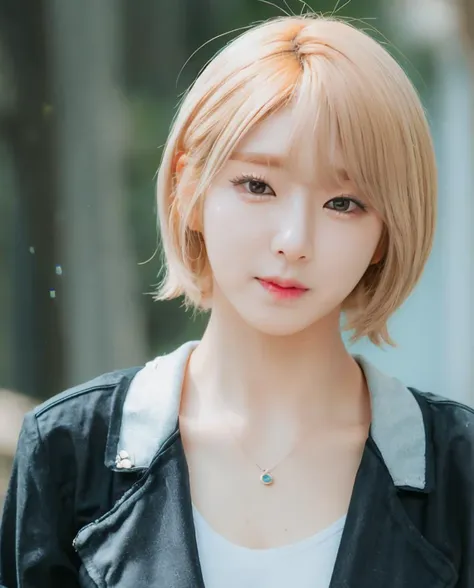 a photography of choa,blonde, realistic, photorealistic, detailed skin, surface scattering, bokeh, skin pores,  <lora:choa:1> wearing a a jacket,korean idol,(necklace:1.1)