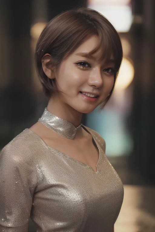 1girl,blonde, short hair, p4rkch04, (wearing a silver glittery evening dress),(RAW photo, best quality), (realistic, photo-realistic:1.4), masterpiece, an extremely delicate and beautiful, extremely detailed, 2k wallpaper, Amazing, finely detail, extremely detailed CG unity 8k wallpaper, ultra-detailed, highres, soft light, beautiful detailed girl, extremely detailed eyes and face, beautiful detailed nose, beautiful detailed eyes,cinematic lighting,city lights at night,smiling <lora:p4rkch04-20:1>