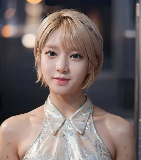 1girl,blonde, short hair, p4rkch04, (wearing a silver glittery evening dress),(RAW photo, best quality), (realistic, photo-realistic:1.4), masterpiece, an extremely delicate and beautiful, extremely detailed, 2k wallpaper, Amazing, finely detail, extremely detailed CG unity 8k wallpaper, ultra-detailed, highres, soft light, beautiful detailed girl, extremely detailed eyes and face, beautiful detailed nose, beautiful detailed eyes,cinematic lighting,city lights at night,smiling   <lora:p4rkch04-20:1>