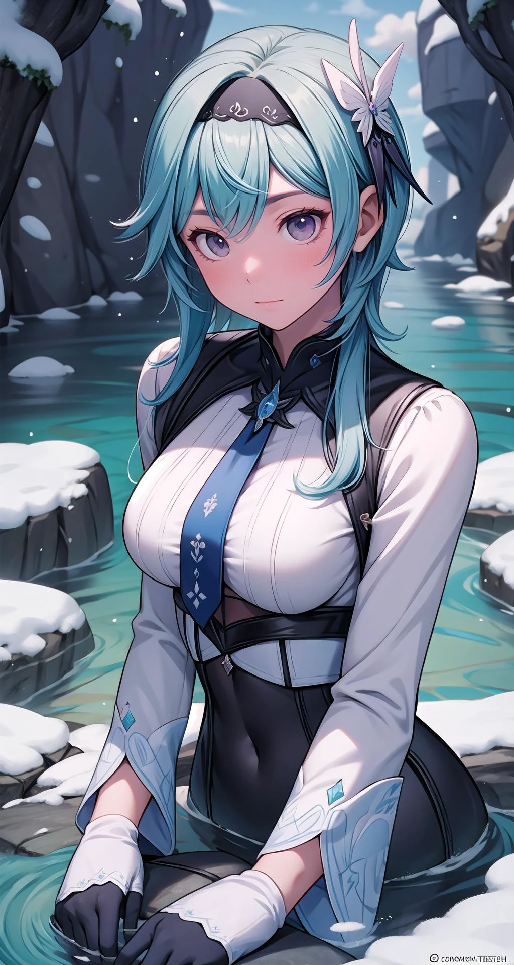 (masterpiece),(intricate details),1girl,mature female,pale skin,huge breasts:1.49,boring _face,
BREAK
eula, <lora:eulatest:1>, eula, black hairband, blue hair, butterfly hair ornament, hair ornament, hairband, long hair, purple eyes, BREAK black gloves, black thighhighs, blue gloves, blue necktie, bodysuit, gloves, long sleeves, necktie, thighhighs, two-tone gloves, vision (genshin impact), wide sleeves|,
((sit on the A winding river carves through a deep canyon, its crystal-clear waters meandering amidst towering cliffs that bear witness to the passage of time.)),((upper body,portrait)),from above:1.3,depth of field,looking at viewer
BREAK
day,snow,windy,blue sky,ice,((cumulonimbus)),