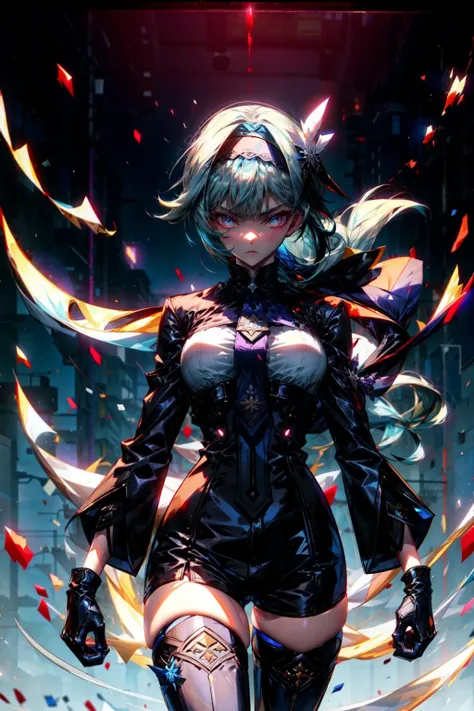 r1ge, (snow,ice,:1.3),glowing, aura,beam, flying debris, [serious|angry], floating hair, muscular,deep shadow, (eula, black hairband, blue hair, butterfly hair ornament, hair ornament, hairband, long hair, purple eyes, BREAK black gloves, black thighhighs, blue gloves, blue necktie, bodysuit, gloves, long sleeves, necktie, thighhighs, two-tone gloves, vision (genshin impact),:1.2), ((masterpiece, best quality)),(dark blue theme:1.2),<lora:87153:1.2>, <lora:109131:1>,<lora:124492:0.8>