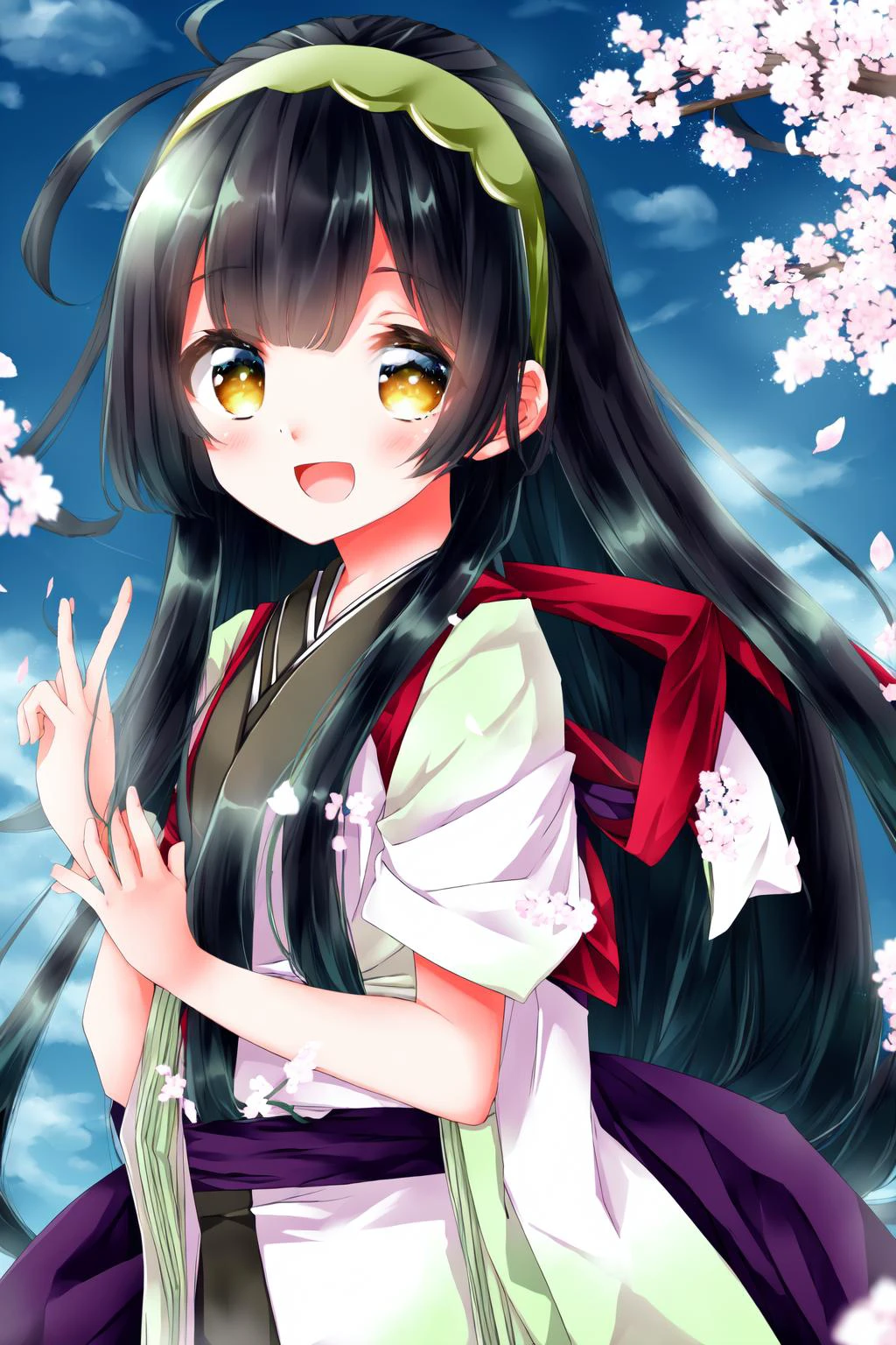 masterpiece, extremely delicate and beautiful, amazing,(Depth of field:1.2), 1girl, touhoku_zunko, green very long hair, hairband, ahoge, yellow eyes , japanese clothes, tasuki, light open mouth, 17yo, upper body, outdoors, cherry blossoms, <lora:touhoku_zunko_of4.2_WD13:0.75>