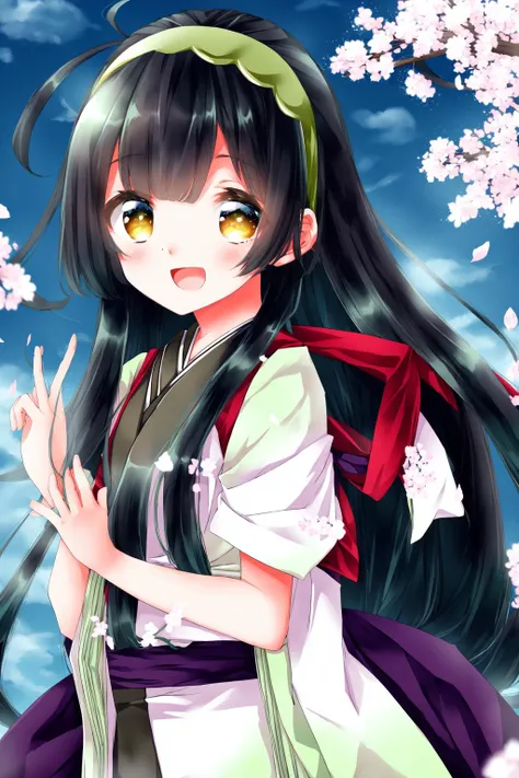 masterpiece, extremely delicate and beautiful, amazing,(Depth of field:1.2), 1girl, touhoku_zunko, green very long hair, hairband, ahoge, yellow eyes , japanese clothes, tasuki, light open mouth,  17yo, upper body, outdoors, cherry blossoms,  <lora:touhoku_zunko_of4.2_WD13:0.75>