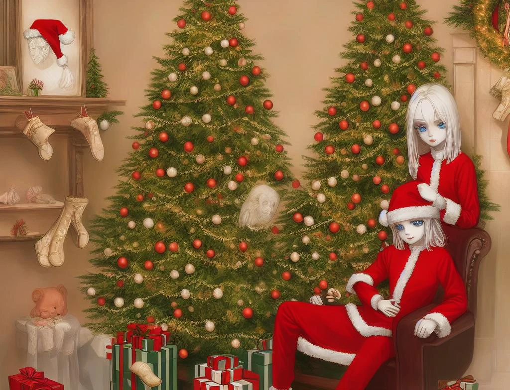 masterpiece, best quality, ultra-detailed,
1woman, smile, modern pageboy haircut with bangs, blue eyes, white hair, red santa costume, white stockings,
christmas décor, 1 christmas tree, sitting in wingback leather chair, decorative items are placed on the shelves in the background,
beautiful detailed face, beautiful detailed eyes , lowbrow_lora in the style of <lora:lowbrow_lora:.8>