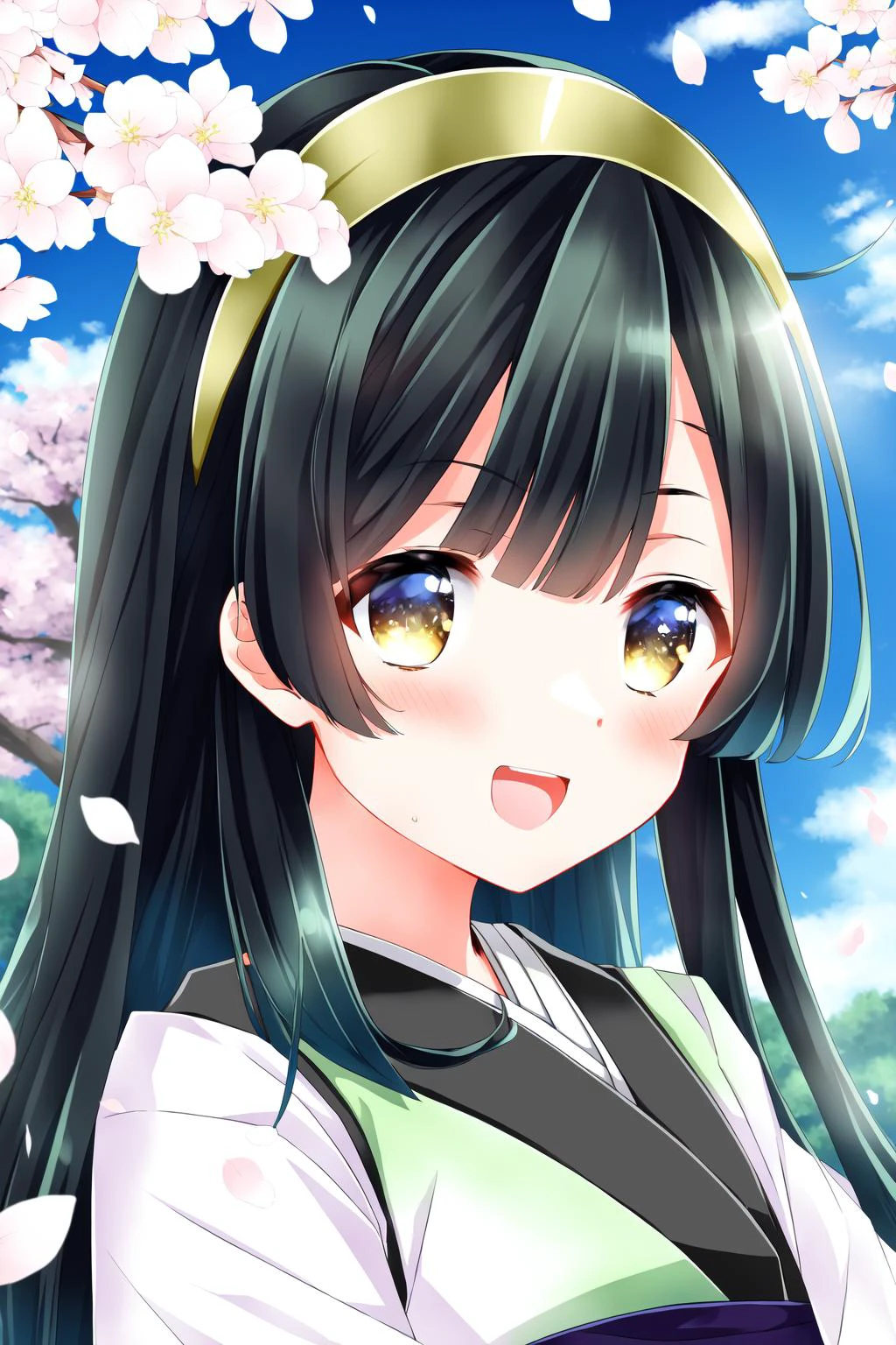 masterpiece, extremely delicate and beautiful, amazing,(Depth of field:1.2), 1girl, touhoku_zunko, green hair, ahoge, hairband, yellow eyes, japanese clothes, tasuki, light open mouth, 17yo, upper body, outdoors, cherry blossoms, <lora:touhoku_zunko_of4.2_WD13:0.6>
