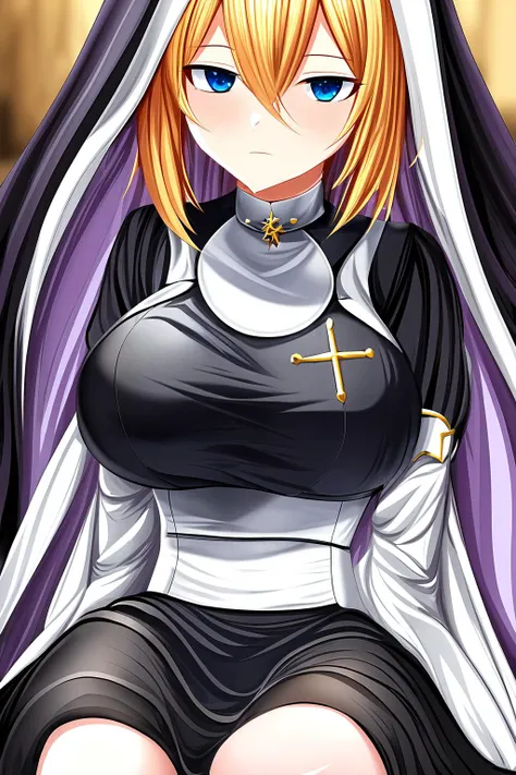 (best quality, masterpiece), highly detailed, <lora:add_detail:0.6>, necklace, large breasts, nun, blonde hair, hair between eyes, own hands together, sitting
