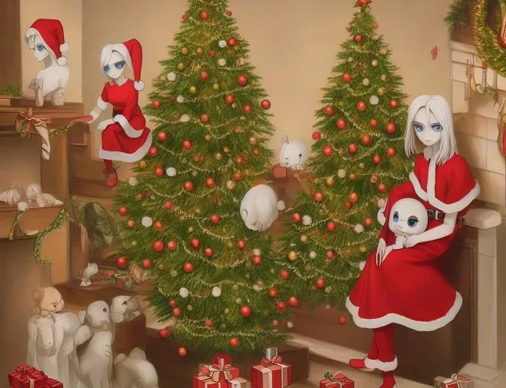 masterpiece, best quality, ultra-detailed, (full body:1.2),
1woman, anime, smile, modern pageboy haircut with bangs, blue eyes, white hair, red santa costume, white stockings,
christmas décor, 1 christmas tree, sitting on wingback leather chair, decorative items are placed on the shelves in the background,
(beautiful detailed face), (beautiful detailed eyes) , lowbrow_lora in the style of <lora:lowbrow_lora:1>