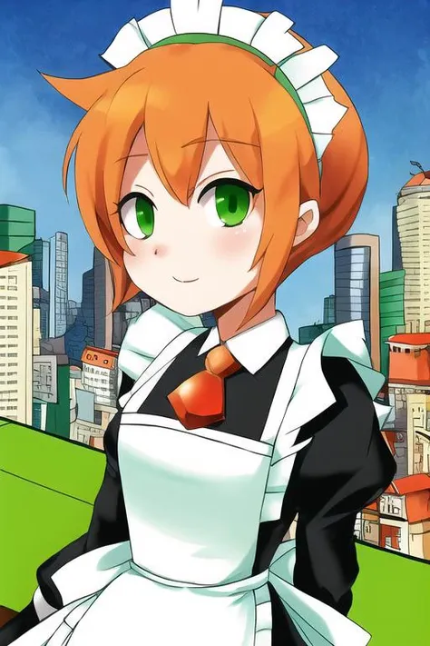 1girl, sgptc, short hair, orange hair, green eyes, maid headdress, apron, (city:1.3) <lora:patricia-skullgirls:0.8>