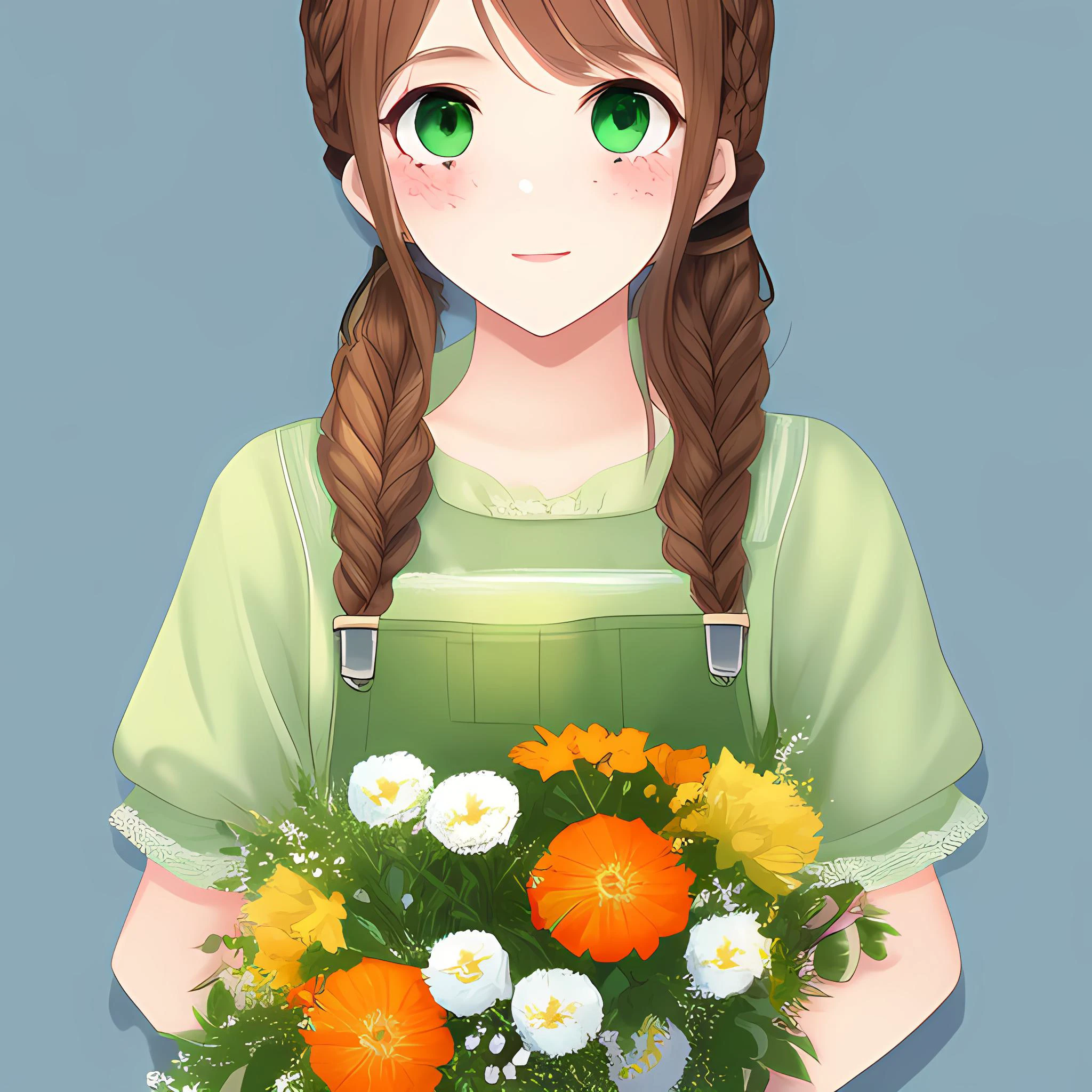 1girl, solo, brown hair, looking at viewer, long hair, green overalls, shirt, green eyes, twintails, low twintails, parted bangs, braid, front braid, bangs, flower, holding bouquet, freckles