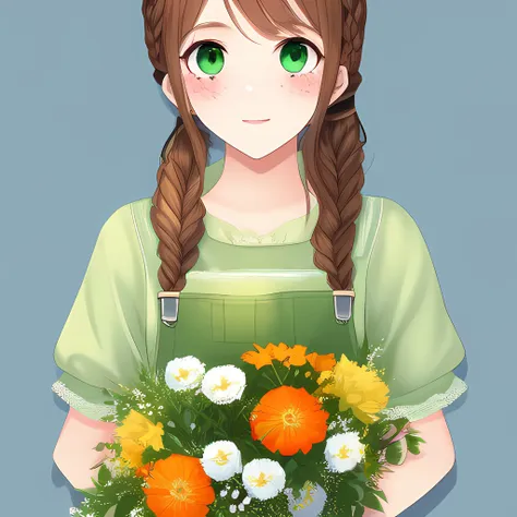 1girl, solo, brown hair, looking at viewer, long hair, green overalls, shirt, green eyes, twintails, low twintails, parted bangs, braid, front braid, bangs, flower, holding bouquet, freckles