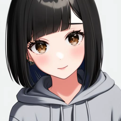 1girl, solo, black hair, short hair, gradient hair, gray hair, bangs, blunt bangs, bob cut, hime cut, black hoodie, hoodie, wearing hoodie, ahoge, parted bangs, wavy hair, parted bangs, bags under eyes, short bangs, eyeliner, eyelashes