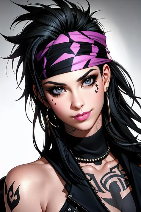 score_9, score_8_up, score_7_up, score_6_up, score_5_up, score_4_up, source_anime, 1girl, Widowmaker from Overwatch, ((looking at viewer)), sexy pose, (torn clothes), (tattoo), fingerless gloves, tank-top, choker, necklace, gigantic heavy sagging natural breasts, bracelets, graffiti, urban environment, detailed background, alley, upper body, close-up, focus face, [from the side]
