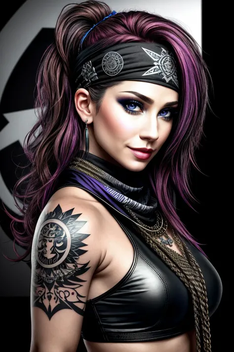 ((Masterpiece, best quality)),edgQuality
smirk,smug,
edgSP, a woman, bandana on head ,wearing edgSP_outfit,tattoos ,
 <lora:edgSteel_Panther:0.7>