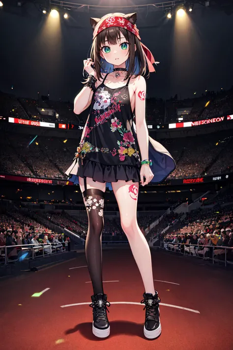 ((masterpiece)), (best quality), official art, extremely detailed CG, unity 8k wallpaper, ultra detailed, highly detailed, detailed background, vivid color, photorealistic, perfect lighting, best illumination,
1girl, shibuya rin,  black hair, green eyes,  choker,  pather patterned clothing ,
edgSP, (tattoos:1.2),bandana on head, wearing edgSP_outfit, (full body:1.4), 
stadium, concert hall, punk, 
<lora:edgSteel_Panther:0.7>