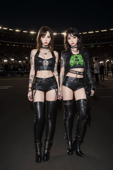 ((masterpiece)), (best quality), official art, extremely detailed CG, unity 8k wallpaper, ultra detailed, highly detailed, detailed background, vivid color, photorealistic, perfect lighting, best illumination,
1girl, shibuya rin, black hair, green eyes, choker, pather patterned clothing ,
edgSP, (tattoos:1.2),bandana on head, wearing edgSP_outfit, (full body:1.4),
stadium, concert hall, punk,
<lora:edgSteel_Panther:0.7>