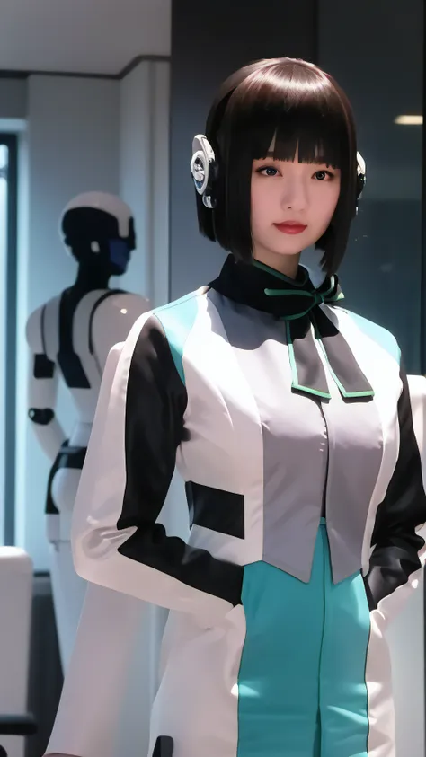 <lora:01izu remake:0.9>, Master Class SLR Photography,Real light and shadow,masterpiece, best quality,true color, 8k,4k,1girl,solo,humanoid robot,secretary,aqua eyes,bob cut,own hands together,facing viewer,looking at viewer,bow, detailed backgound, cityscape,office,high resolution background,full body